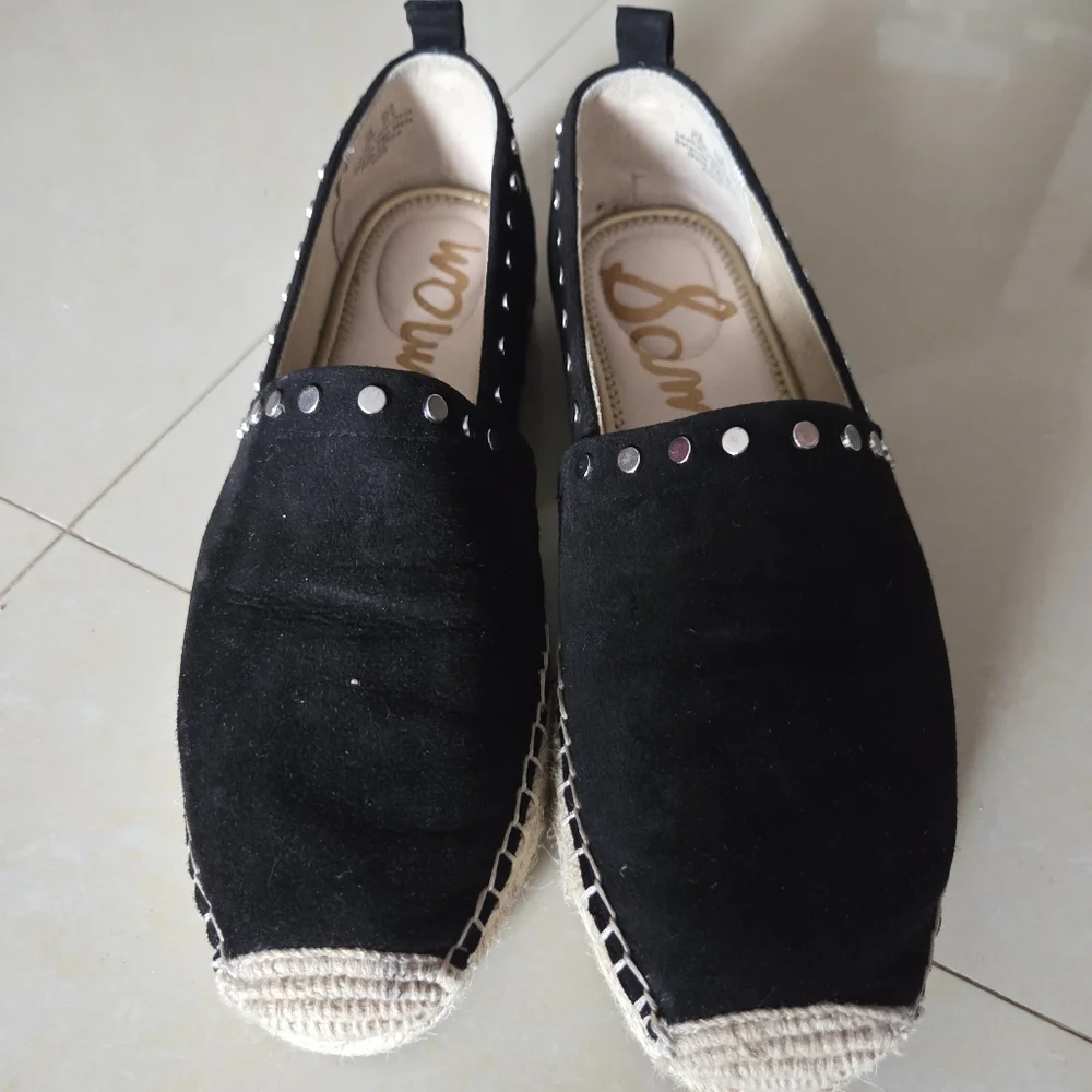 Sam Edelman Black Suede Koda Espadrille Flats with Studded Detail, Sz 7.5